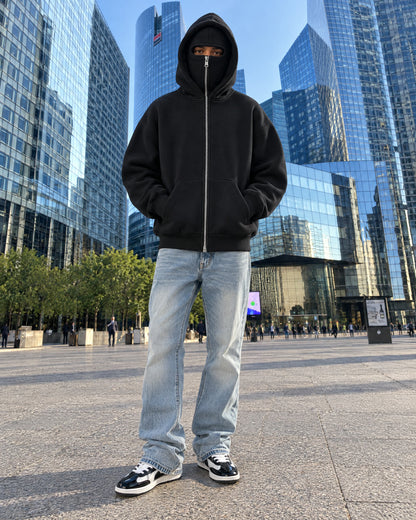 Sweat NOFACE PARIS noir porté, cagoule fermée, La Défense