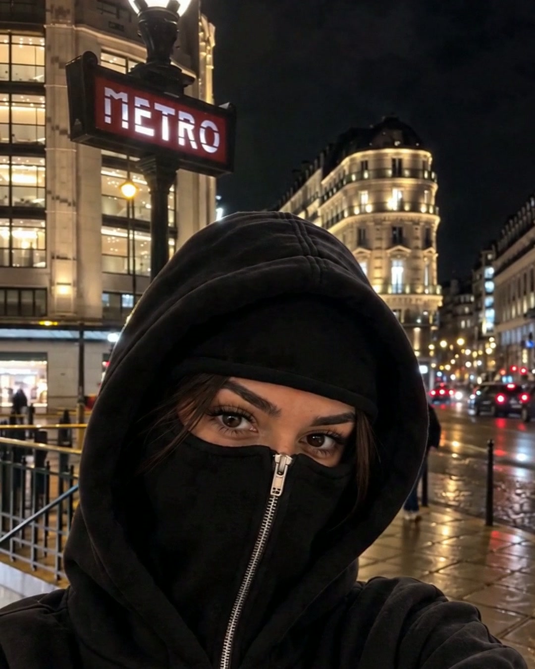 Sweat NOFACE PARIS noir porté par une fille, cagoule fermée, Paris la nuit
