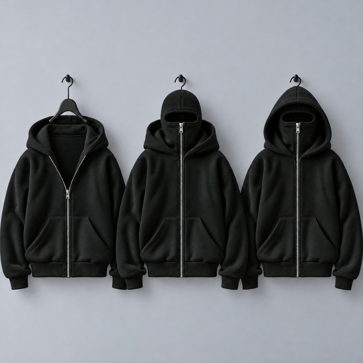 Sweat NOFACE PARIS en 3 temps : ouvert, cagoule fermée, capuche rabattue