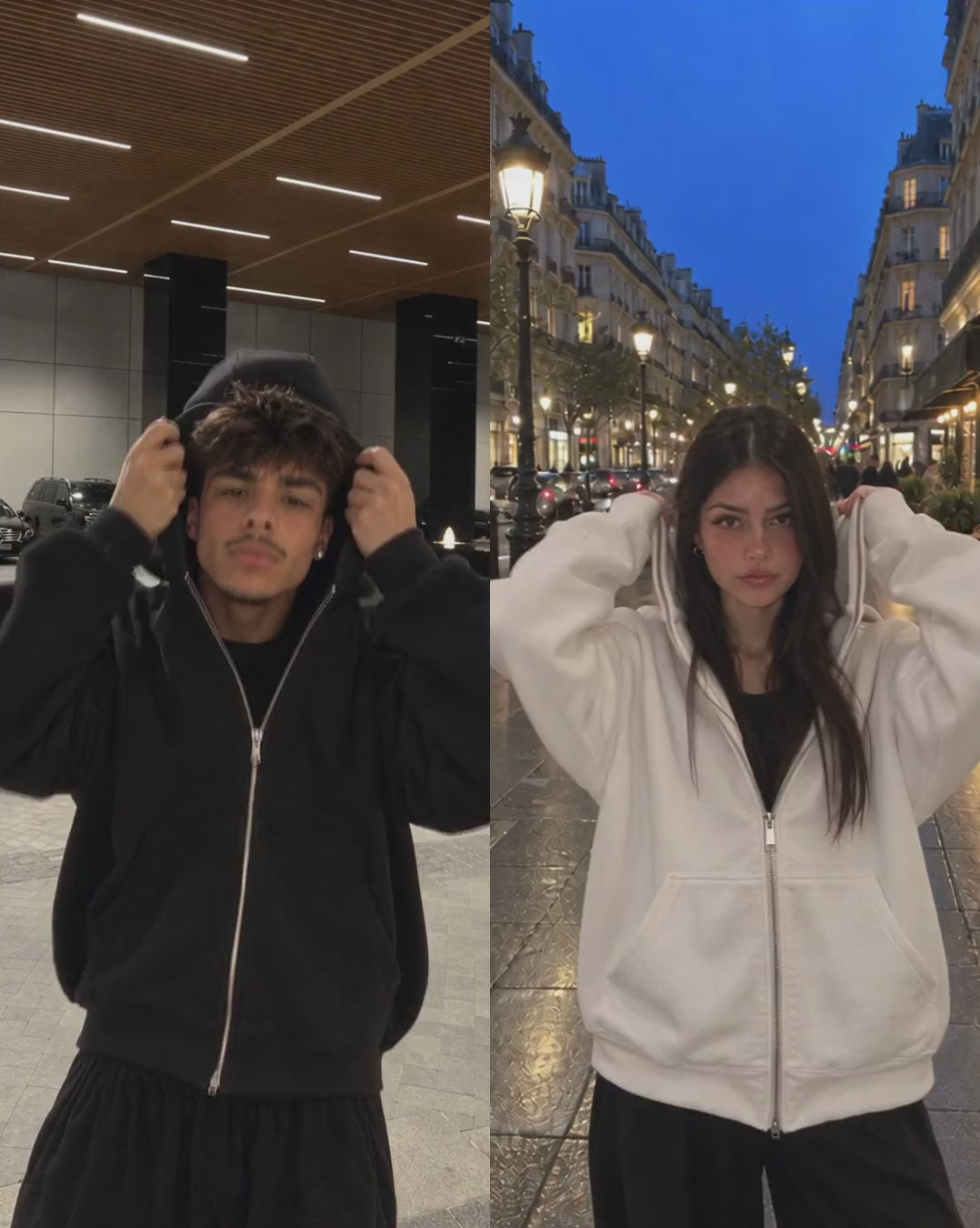 Un gars et une fille ferment la cagoule du sweat NOFACE PARIS en même temps